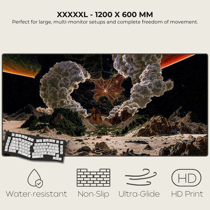 Large monitor desk pad with space-themed design, keyboard, and text about size and features.