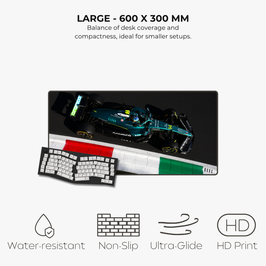 Large desk mat with Formula 1 car design, keyboard, and Italian flag, featuring product specifications and features.