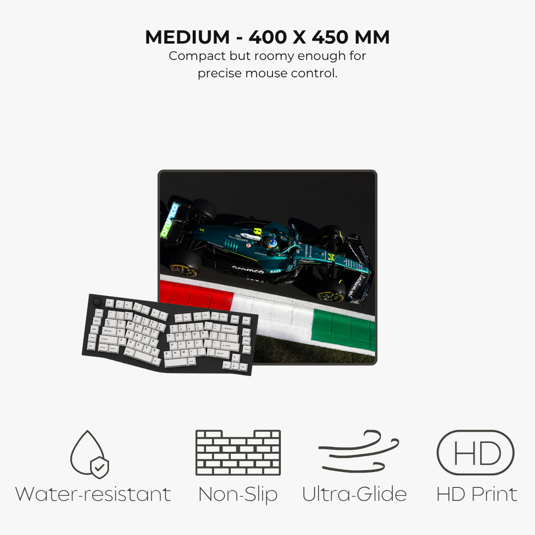Keyboard and mouse pad set with Formula 1 car design on a white background