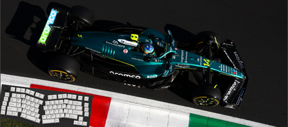 Formula 1 car on a track with a keyboard and flag in the foreground