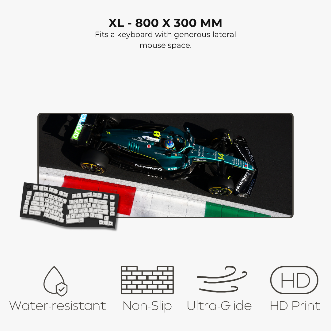 Large mouse pad with Formula 1 car design, keyboard, and product features on a white background