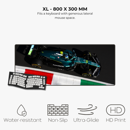 Large mouse pad with Formula 1 car design, keyboard, and product features on a white background