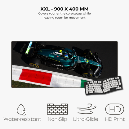 Large mouse pad with Formula 1 car design, keyboard, and product features on a white background