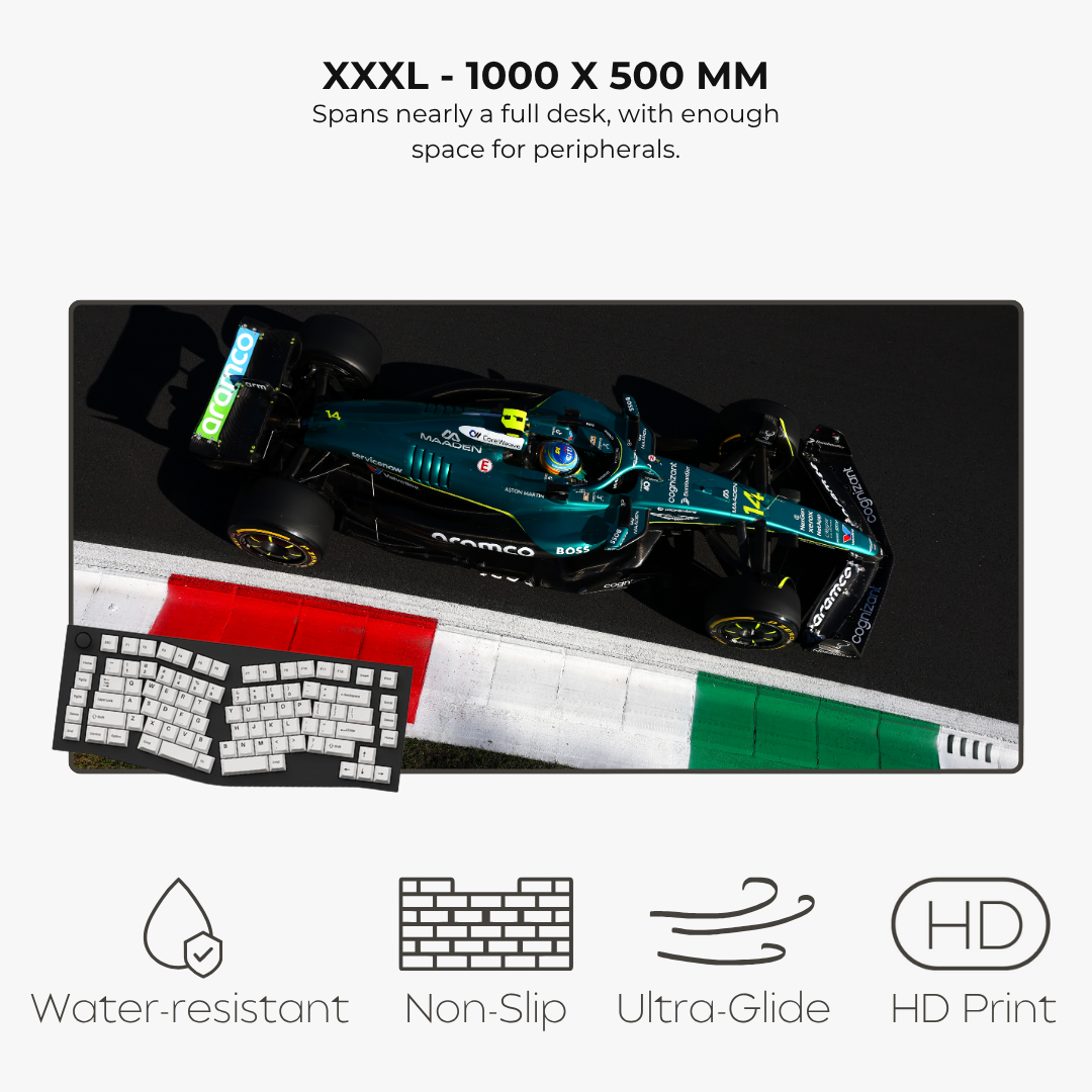 Large desk mat with Formula 1 car design, keyboard, and flag pattern on a black background.