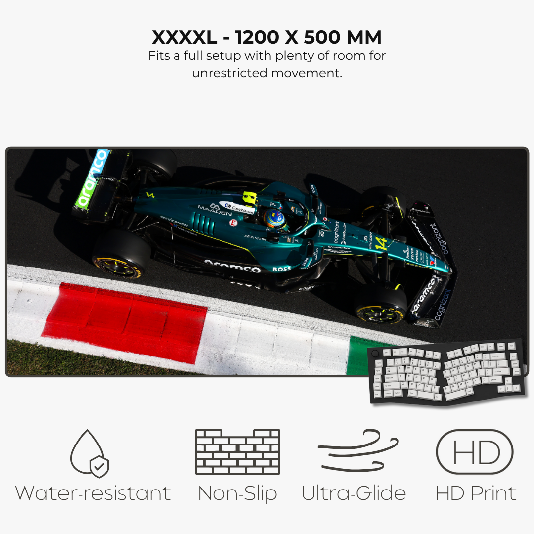 Large desk mat with a racing car design, Italian flag, and gaming setup.
