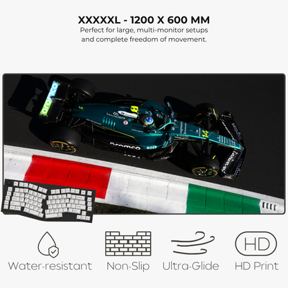 Large monitor stand with Formula 1 car design and keyboard, featuring text and icons.
