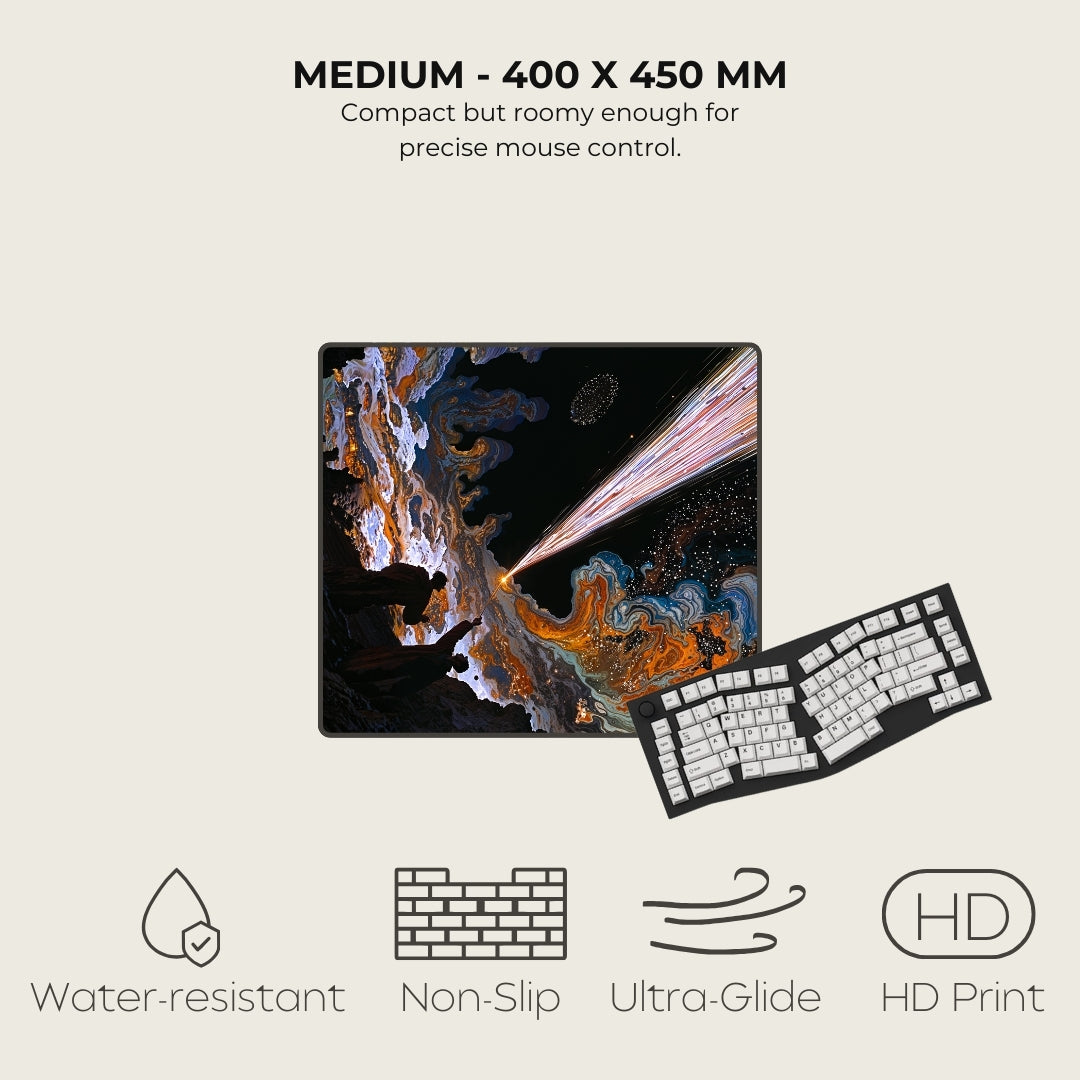 Mouse pad with space-themed design and keyboard on a light beige background, featuring text and icons about product specifications.