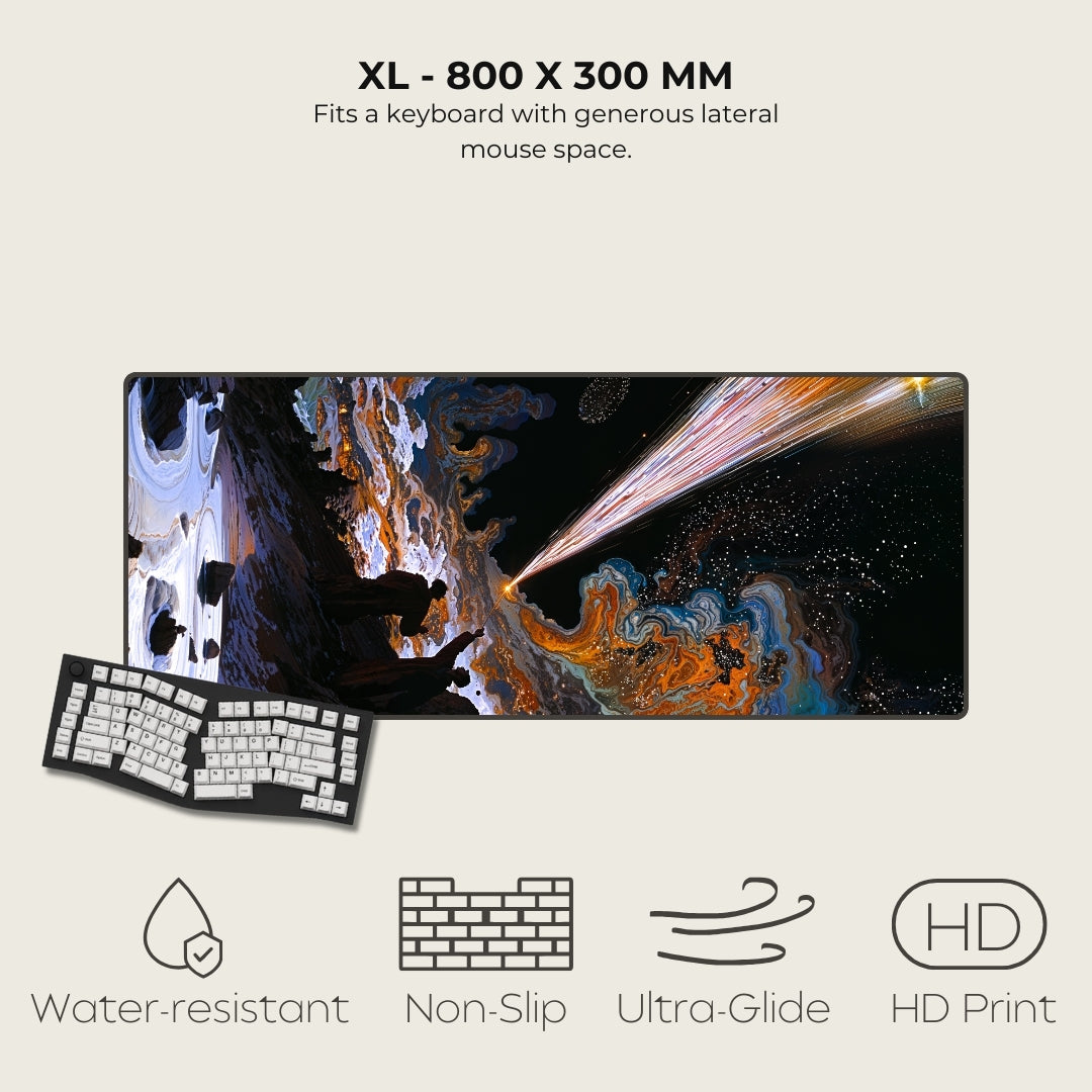 Large mouse pad with space-themed design, keyboard, and product features on a light background