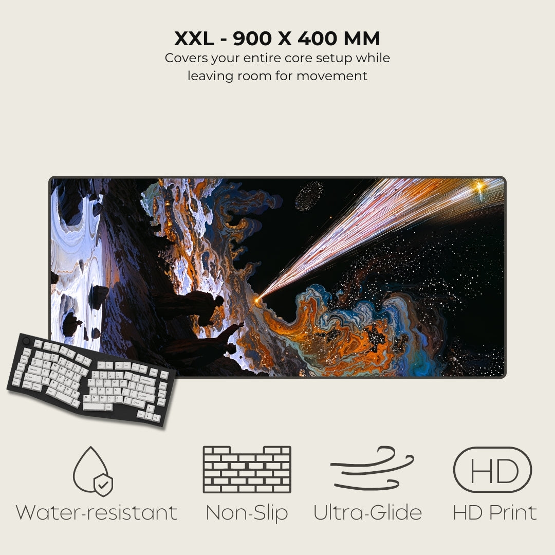 Large desk mat with space-themed design, keyboard on a light gray background