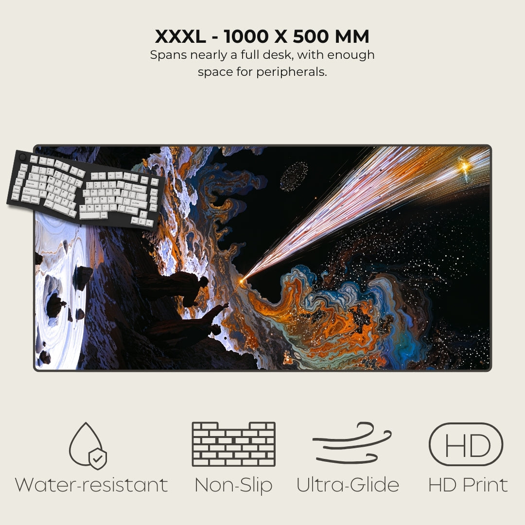 Large desk mat with space-themed design, keyboard on top, and product features listed.