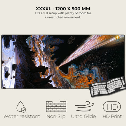 Large monitor with space-themed wallpaper and keyboard, featuring text and icons indicating product features.