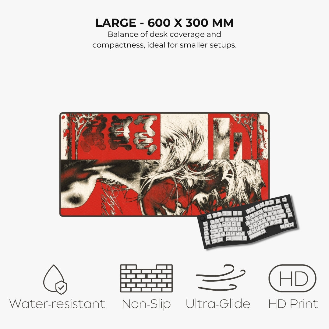 A large rectangular desk mat with a red, black, and white graphic print featuring a stylized face and abstract artwork, shown alongside a keyboard for scale. Text above reads 'LARGE - 600 X 300 MM' and lists features like water-resistant, non-slip, ultra-glide, and HD print.