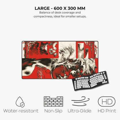 A large rectangular desk mat with a red, black, and white graphic print featuring a stylized face and abstract artwork, shown alongside a keyboard for scale. Text above reads 'LARGE - 600 X 300 MM' and lists features like water-resistant, non-slip, ultra-glide, and HD print.