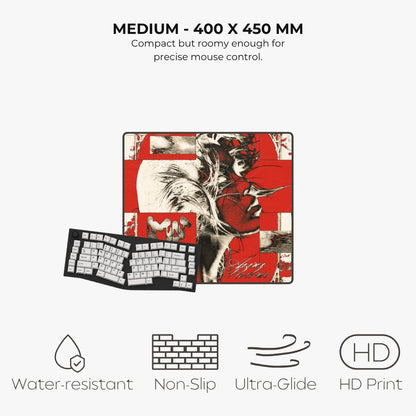 A mouse pad with a red, black, and white collage-style graphic featuring a woman's profile and keyboard keycaps, shown with a keyboard underneath on a light gray background. Text above reads 'MEDIUM - 400 X 450 MM' and below feature icons for water-resistant, non-slip, ultra-glide, and HD print.