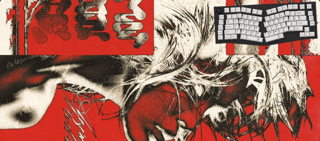 A rectangular mousepad featuring a stylized black-and-white illustrated face and hair over a bold red background, with abstract graphic elements and text blocks, shown against a black surround.