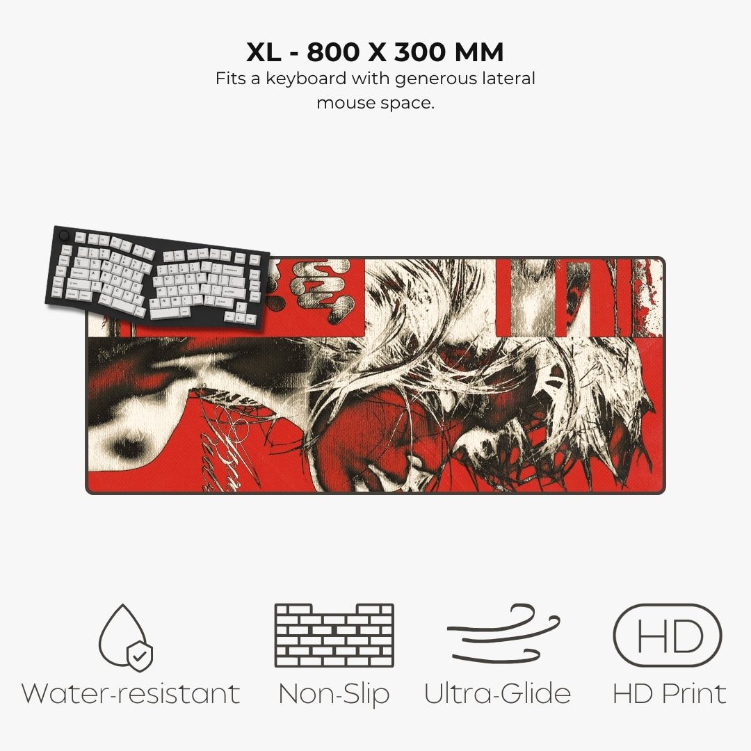A large rectangular gaming desk mat with a bold red, black, and white anime-style graphic print, shown with a keyboard illustration indicating fit. Text at the top reads 'XL - 800 X 300 MM' and the bottom features feature icons for water-resistant, non-slip, ultra-glide, and HD print.
