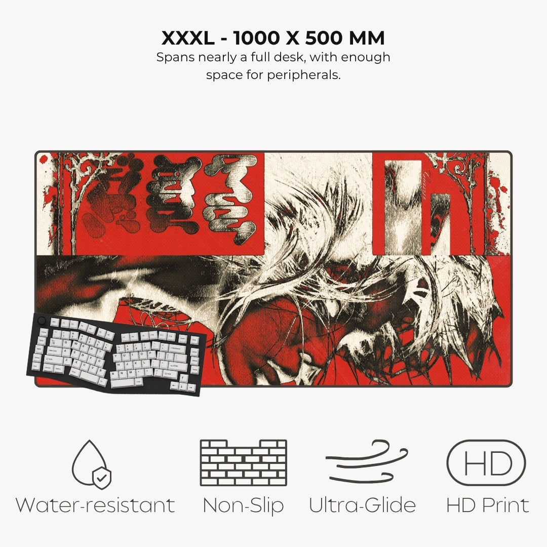 A product specification graphic for a XXXL desk mat. The top text reads 'XXXL - 1000 X 500 MM' with descriptive text about its size.