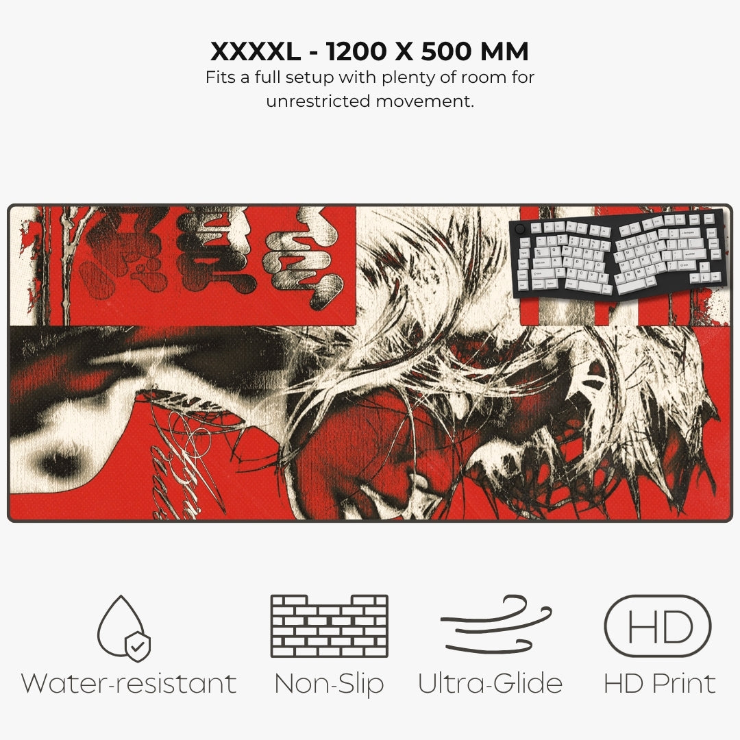 A rectangular gaming desk mat with a bold red, black, and white graphic print featuring anime-style artwork and keyboard imagery, shown on a light gray background with text highlighting its 1200 x 500 mm size and features like water resistance, non-slip grip, ultra-glide, and HD print.