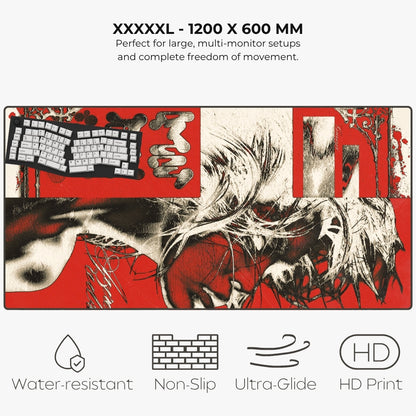 A large desk mat or mousepad shown on a light gray background with text reading 'XXXXXL - 1200 X 600 MM' and feature icons for water resistance, non-slip, ultra-glide, and HD print. The mat has a bold red, black, and white abstract collage-style print with a keyboard graphic and brushstroke details.