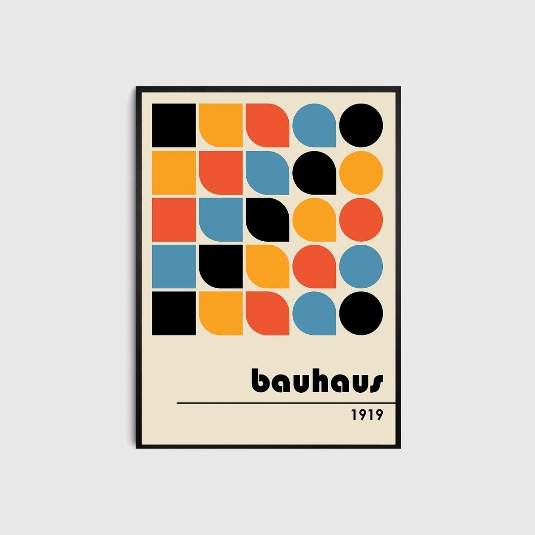 Framed poster with colorful geometric design and 'bauhaus 1919' text on a light gray background