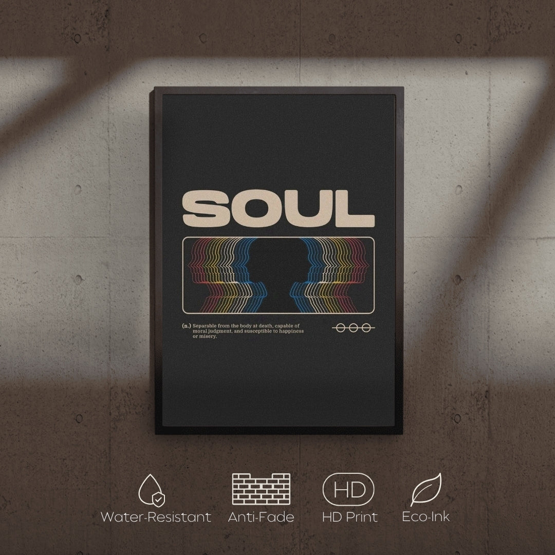 Framed poster with 'SOUL' design on a textured wall