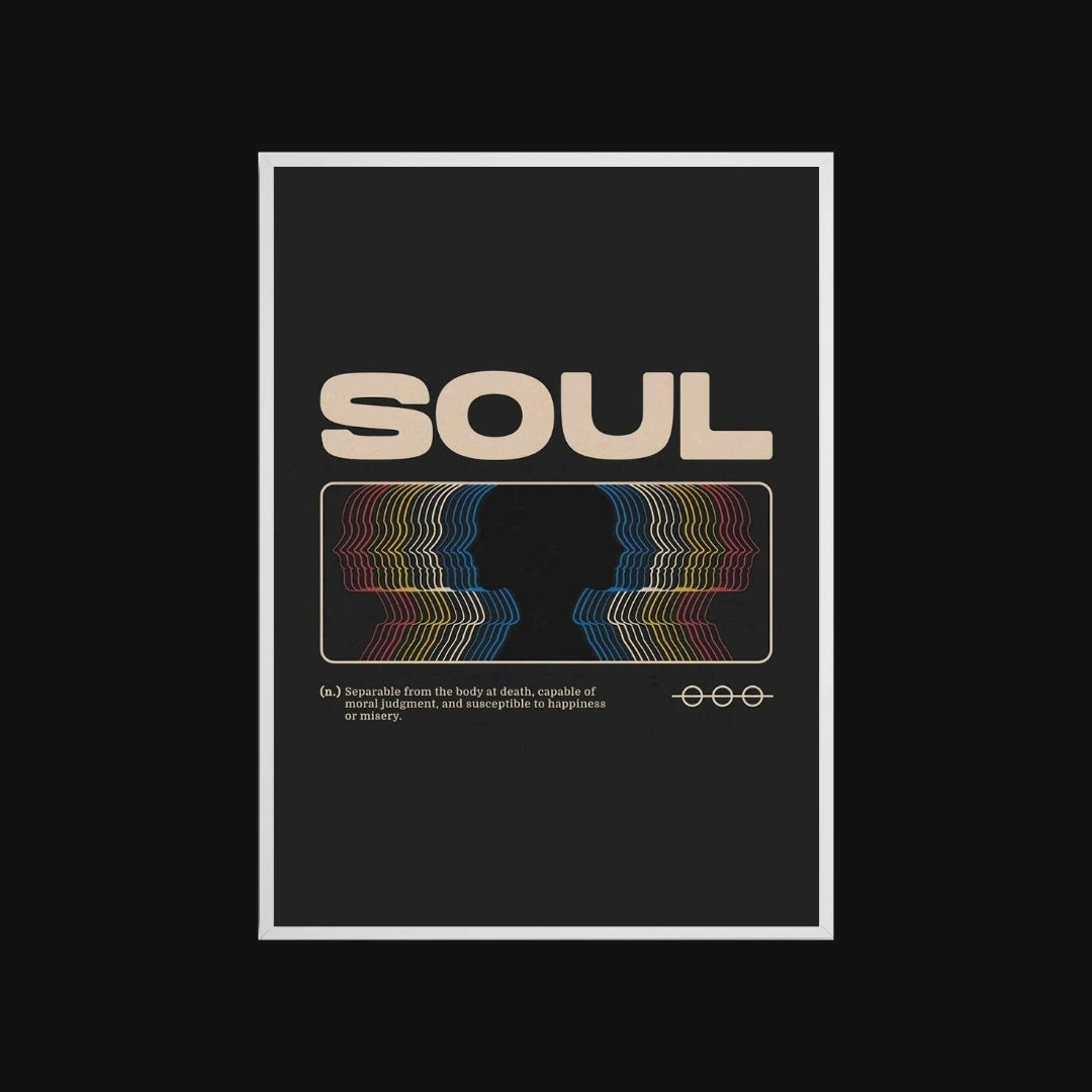Poster with the word 'SOUL' and colorful design on a black background