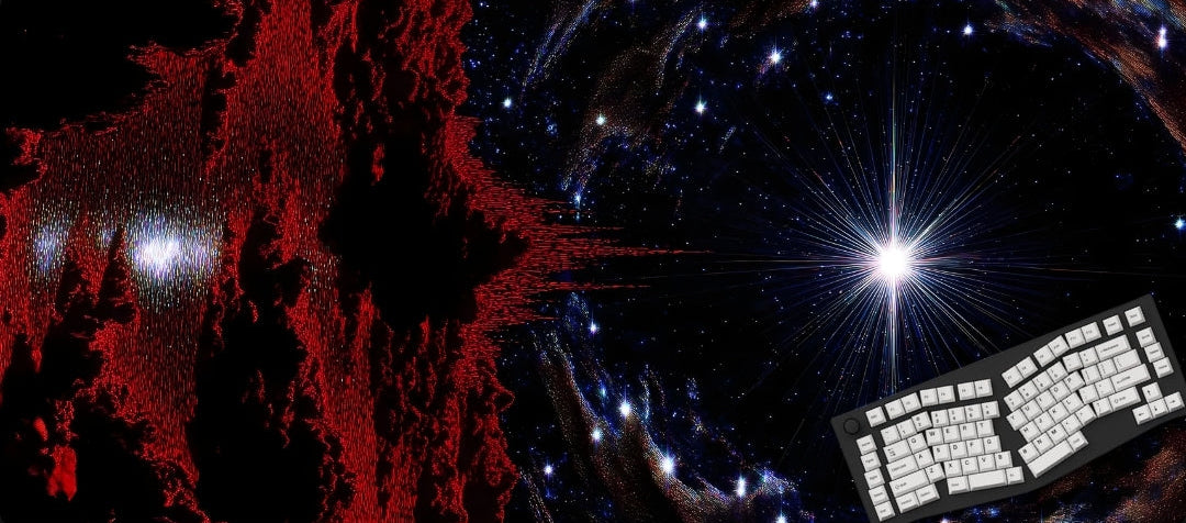 Red space-themed mouse pad with a keyboard on a dark background