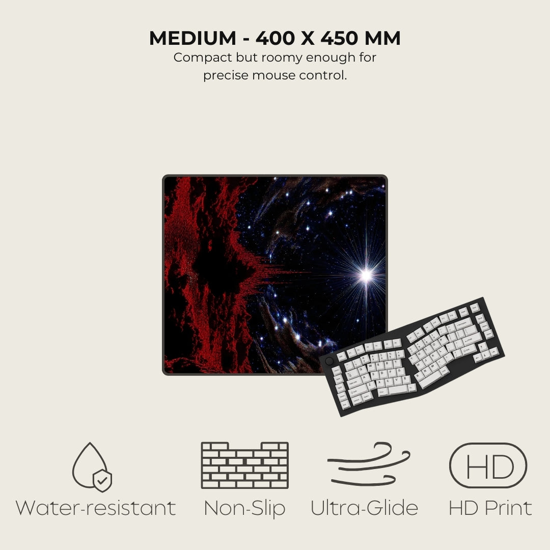 Mouse pad with space-themed design and keyboard on a light gray background, featuring text and icons about product specifications.