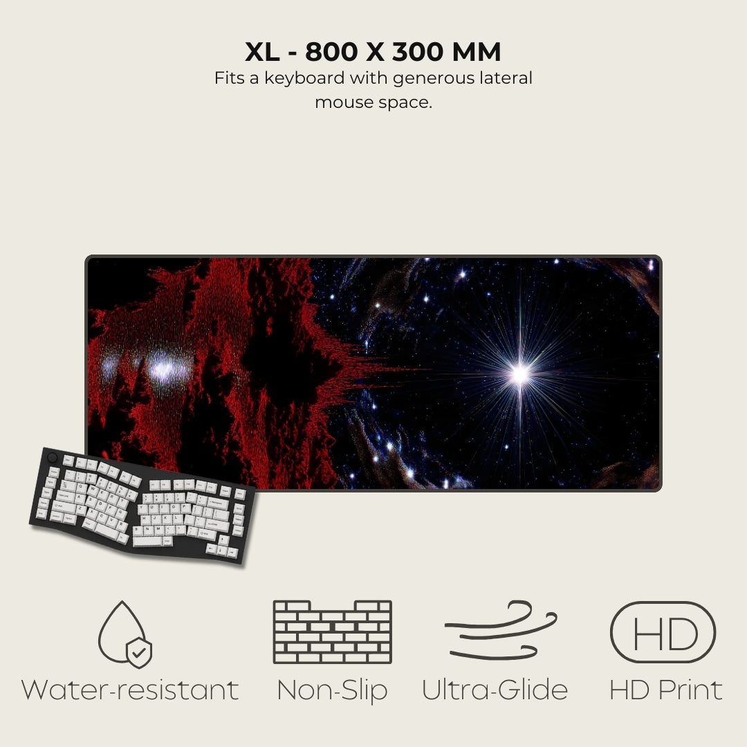 Large mouse pad with space-themed design, keyboard, and product features on a light gray background