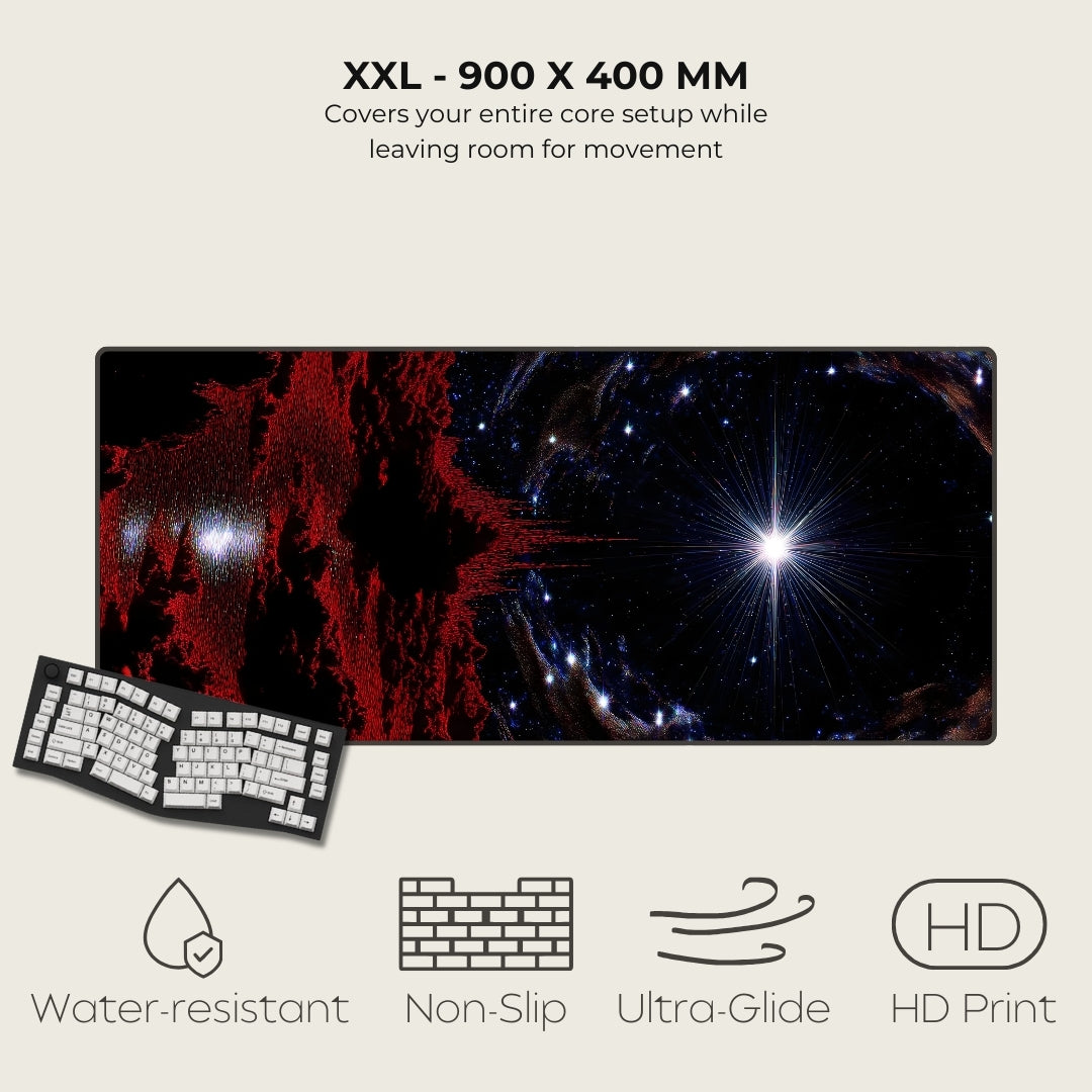 Large gaming mouse pad with space-themed design, keyboard, and feature icons on a light gray background.