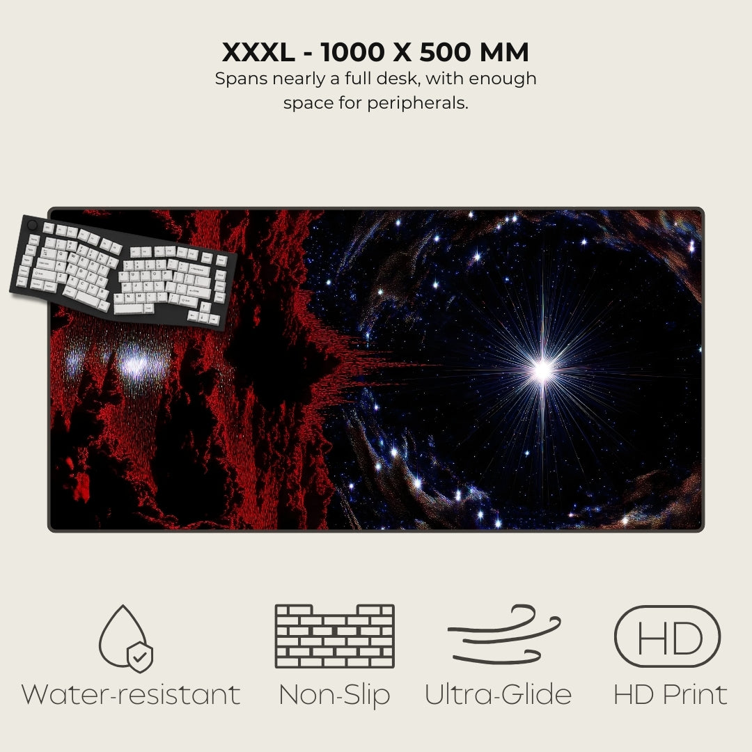 Large gaming mouse pad with space-themed design and keyboard on a white background