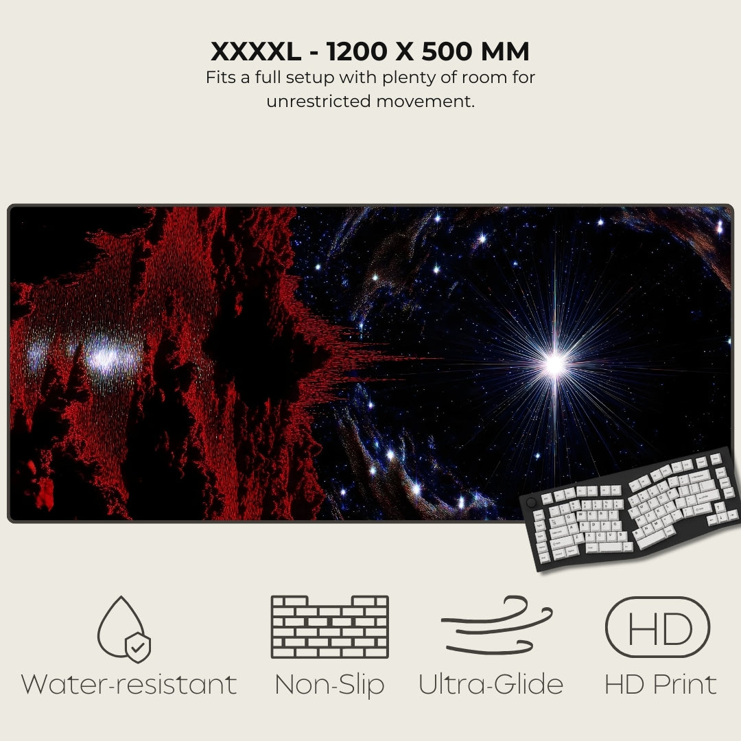 Large gaming mouse pad with space-themed design and keyboard on a white background