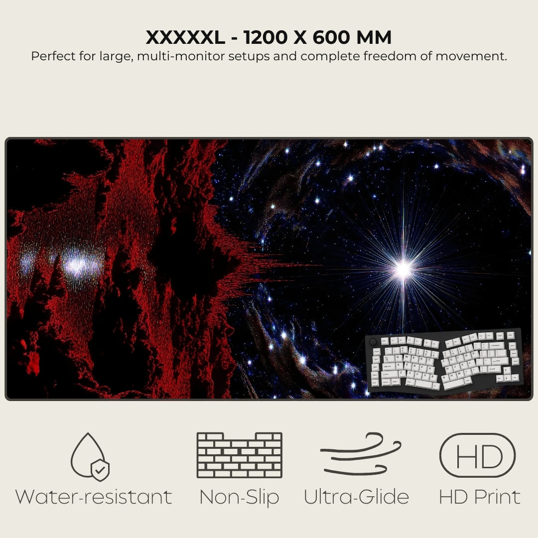 Large desk mat with space-themed design and product features listed.