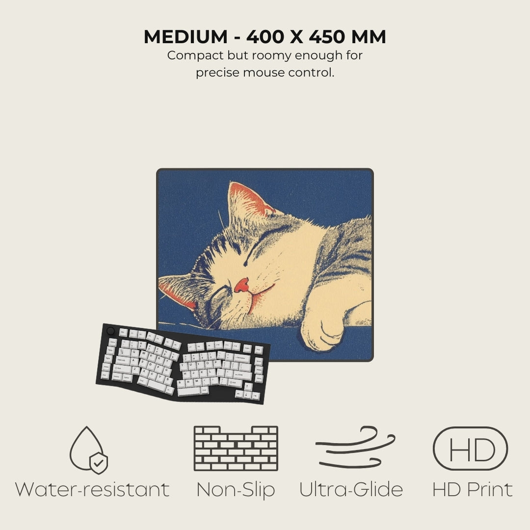 Mouse pad with a cat design and keyboard, featuring text and icons about product specifications.