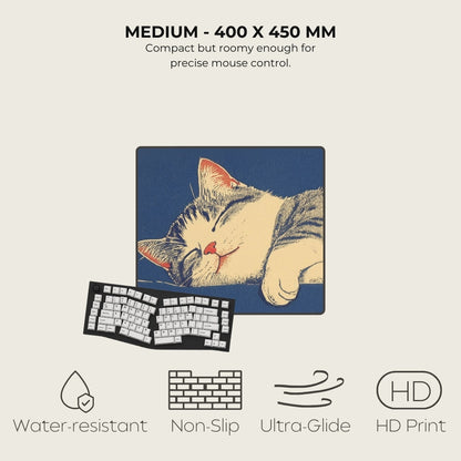 Mouse pad with a cat design and keyboard, featuring text and icons about product specifications.