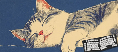 Cat lying on a blue surface with a keyboard in front