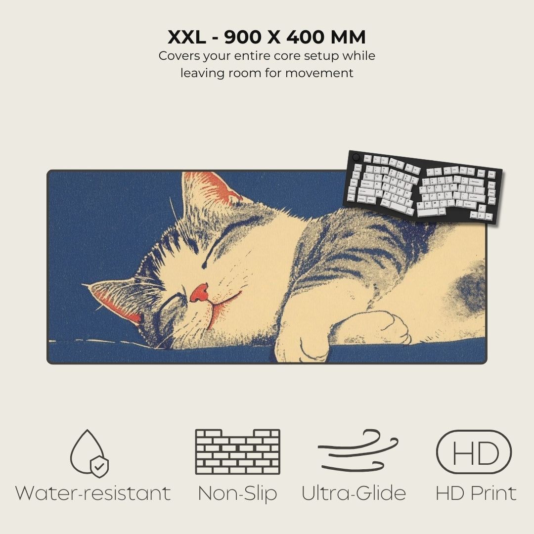 Cat-themed mouse pad with a sleeping cat design, keyboard, and text about size and features.