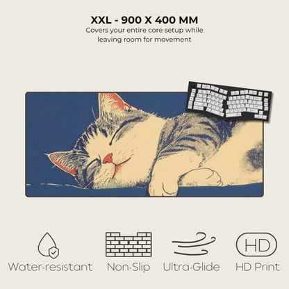 Cat-themed mouse pad with a sleeping cat design, keyboard, and text about size and features.