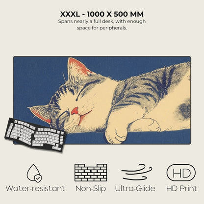 Large mouse pad with a cat design, keyboard on the side, and product features listed.