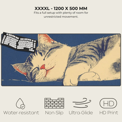 Large cat-themed mouse pad with a sleeping cat illustration and product details.