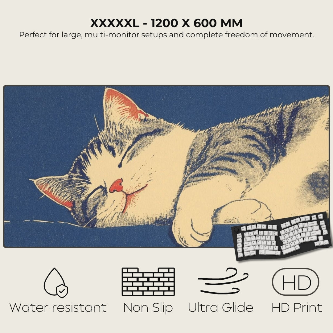 Large mouse pad with a cat design, text about size and features, and a keyboard on a white background.