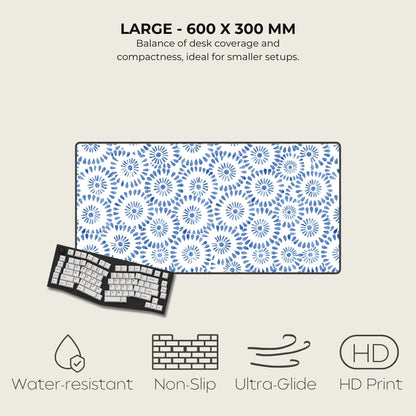 Patterned desk mat with keyboard on a light gray background, featuring text and icons about product features.