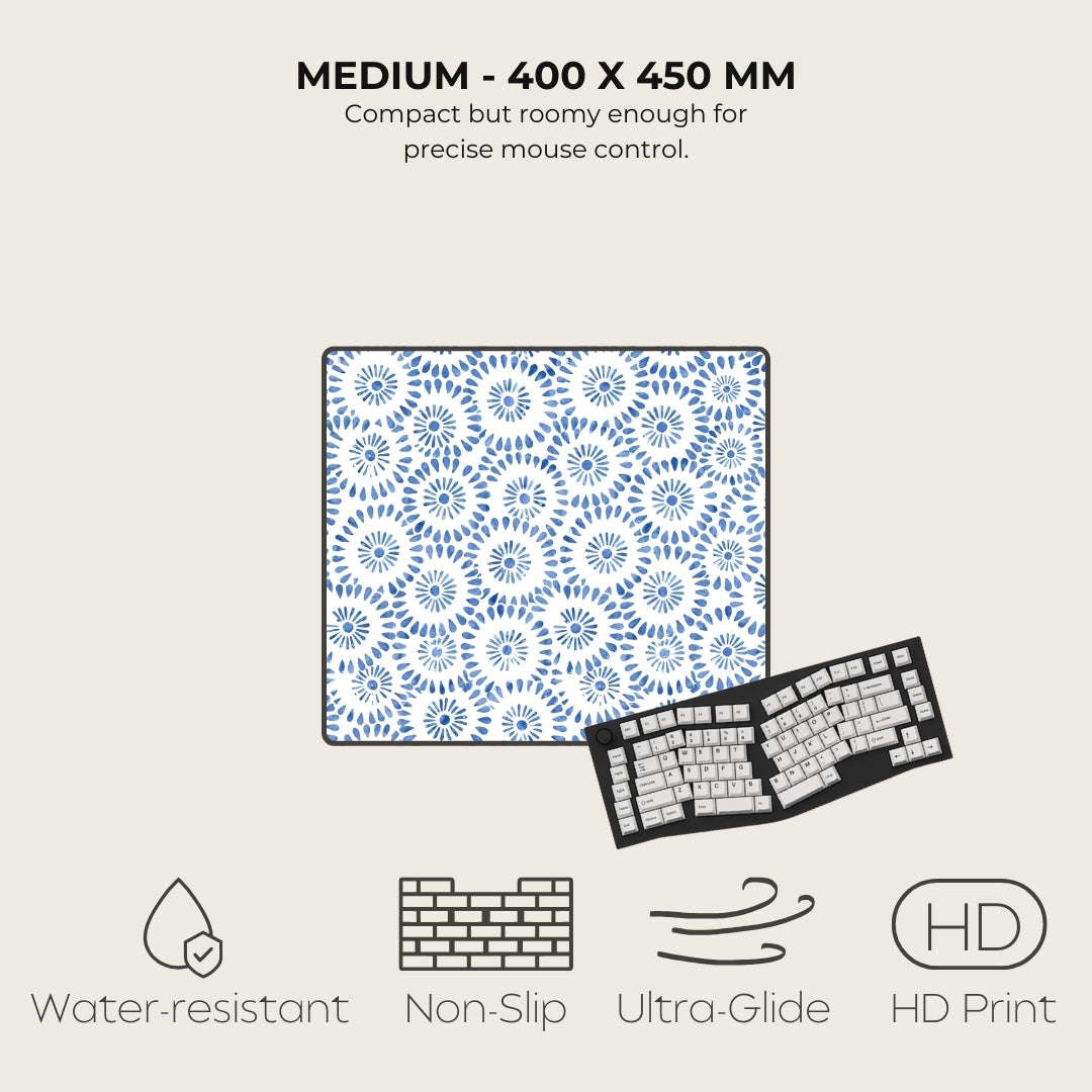 Patterned mouse pad with keyboard illustration and feature text on a beige background