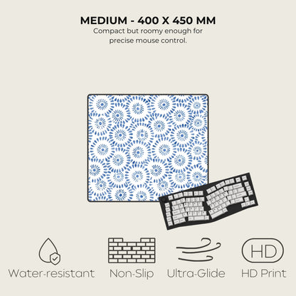 Patterned mouse pad with keyboard illustration and feature text on a beige background