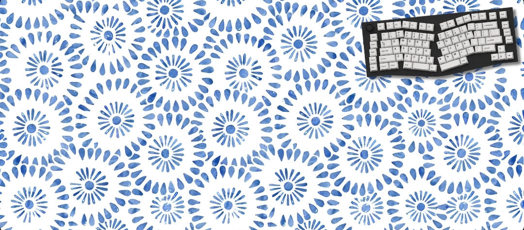 Patterned desk mat with a keyboard on a white background