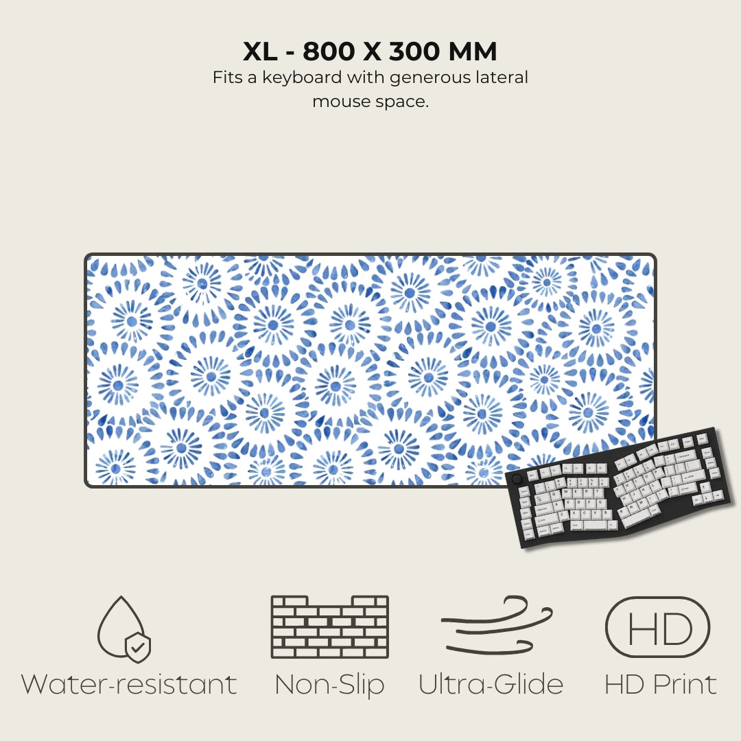 Blue and white patterned mouse pad with text and product details on a beige background