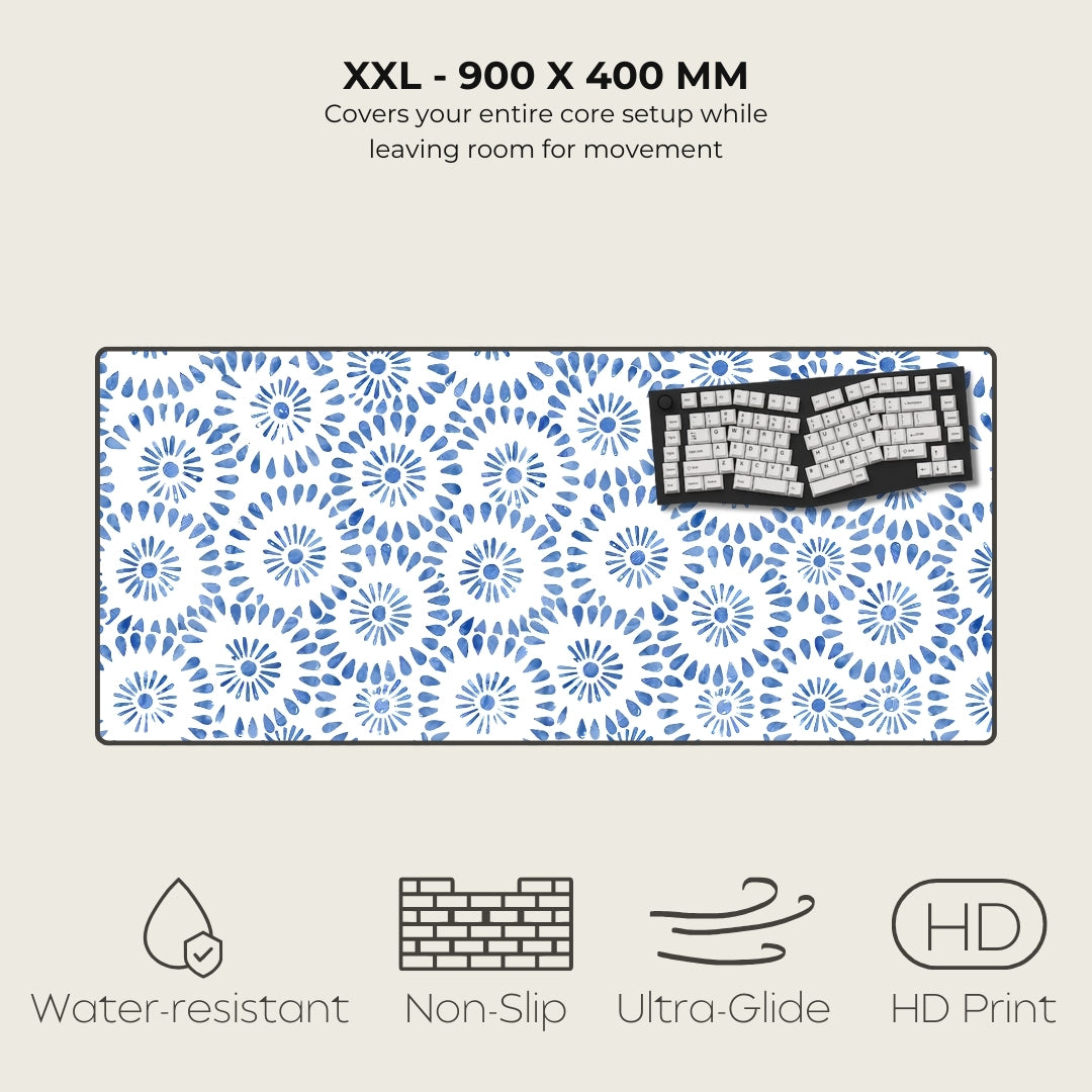 Blue and white patterned mouse pad with text and icons on a beige background