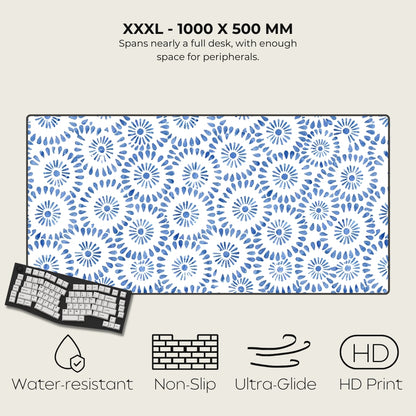 XXL mouse pad with blue circular pattern, keyboard, and text describing features on a light gray background.