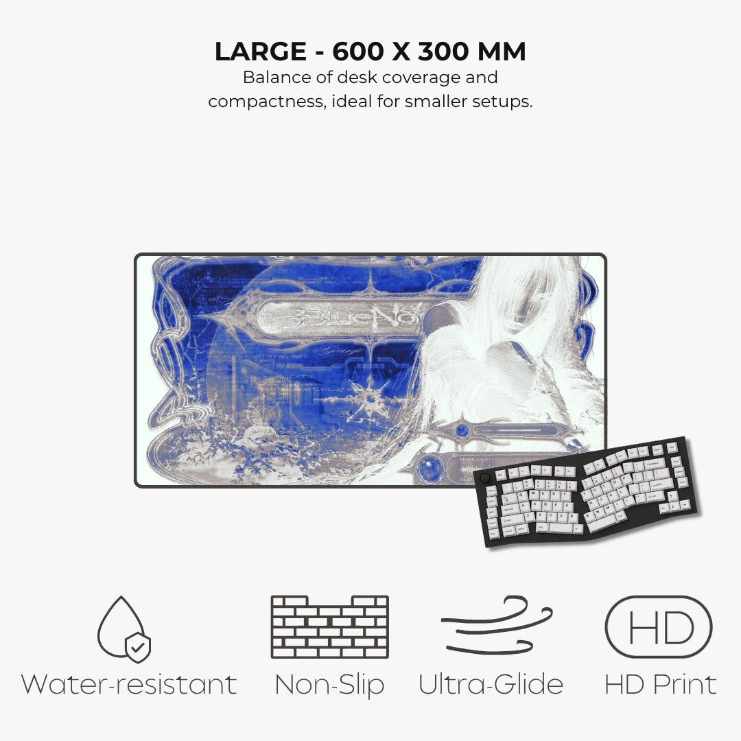 A large keyboard mat with a blue and white winter-themed graphic, shown with a small keyboard illustration and feature icons for water resistance, non-slip texture, ultra-glide smoothness, and HD print. Text at the top reads 'LARGE - 600 X 300 MM'.