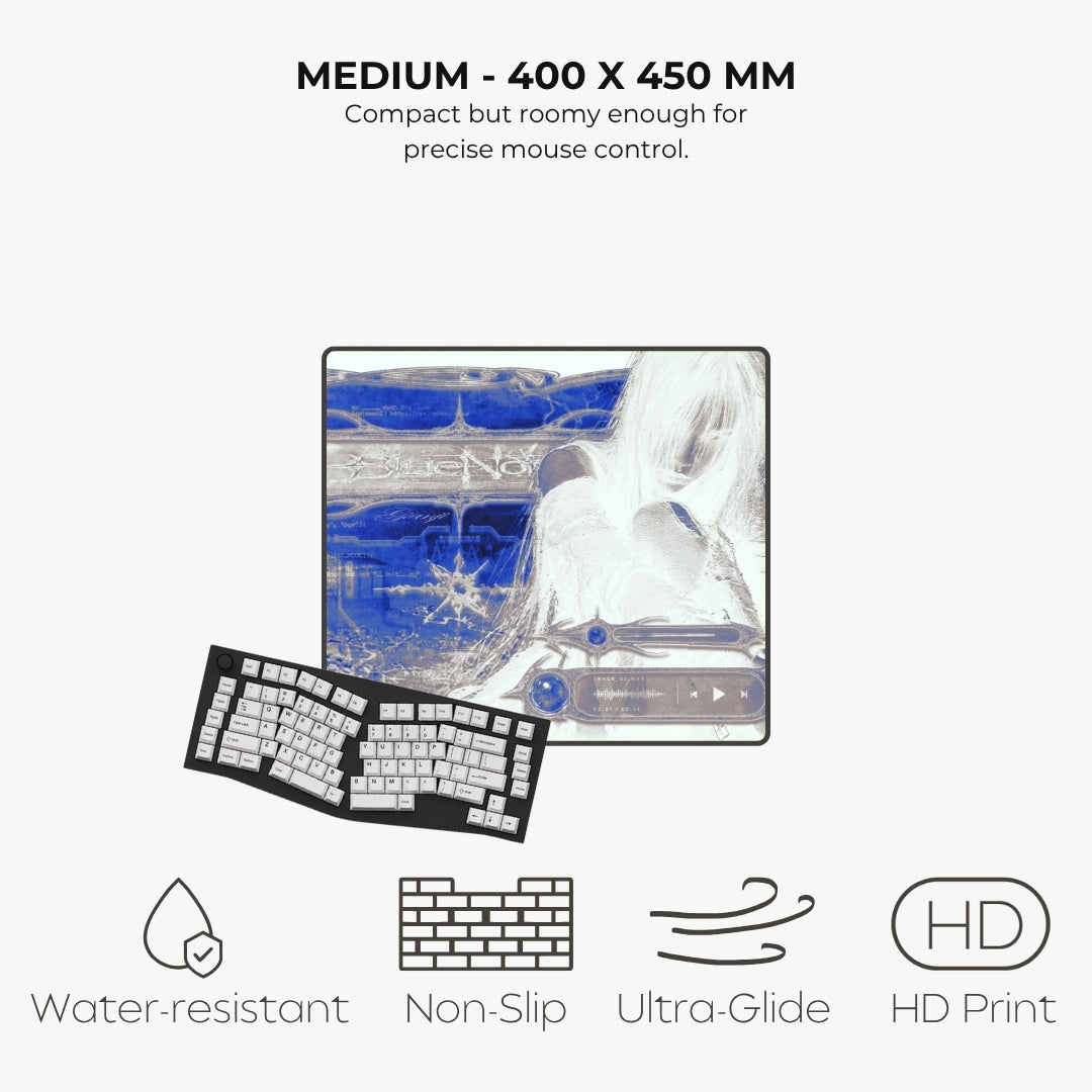 A product infographic showing a compact square mouse pad with a blue and white abstract graphic, accompanied by a black keyboard pad and text reading 'MEDIUM - 400 X 450 MM' with feature icons for water resistance, non-slip, ultra-glide, and HD print.